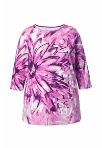 Pitkähihainen toppi, jossa on eläväinen vaaleanpunainen kukkakuvio valkoisilla ja violetilla korostuksilla. Pehmeä kangas ja rento istuvuus.