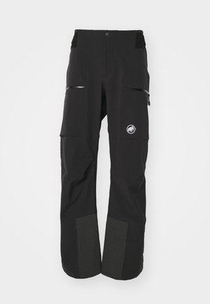 Pantaloni da neve neri realizzati in tessuto resistente, con tasche con zip, orli rinforzati e logo ricamato sul lato.