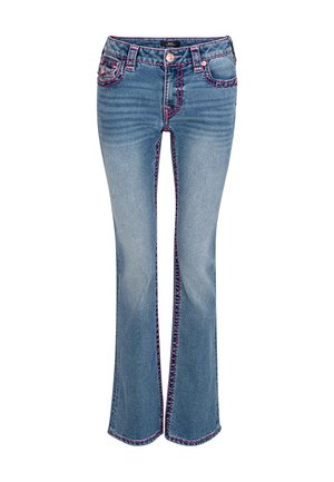 Blaue Jeans aus Denim mit ausgestellten Beinen, rosa Kontrastnähten und klassischem Fünf-Taschen-Design.