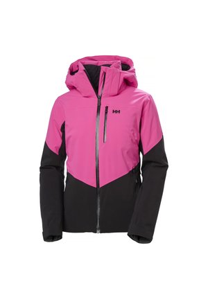 Pink and black waterproof jacket with a chevron design. Features a hood, two zippered pockets, and a vertical chest pocket with a black zipper.