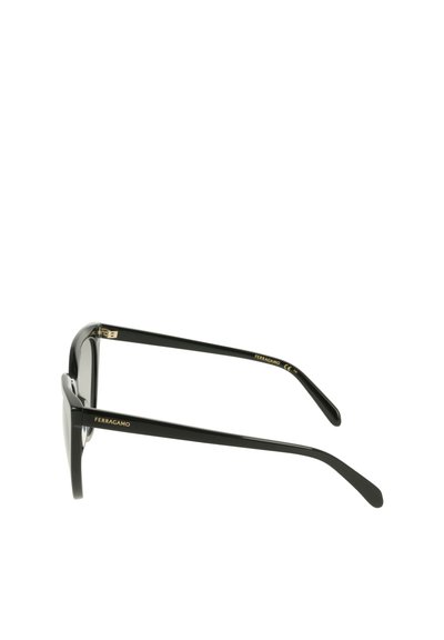 Lunettes de soleil noires à monture rectangulaire, en plastique. Elles présentent des branches fines noires avec un détail de logo doré et des verres foncés.