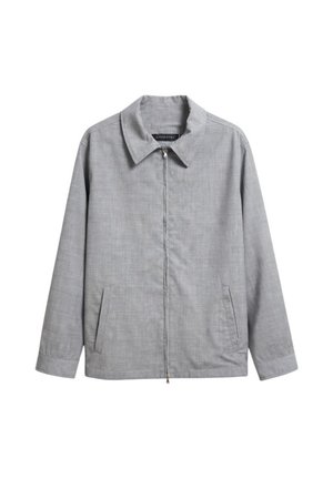 Giacca grigio chiaro con zip, colletto a punta, maniche lunghe e due tasche frontali a fessura, mostrata su sfondo bianco.