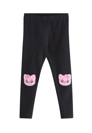 Svarte leggings til børn med lyserøde tegneserie-katteansigter med sløjfer på begge knæ.