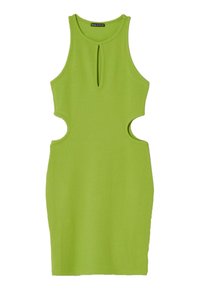 Abito bodycon verde a coste con fianchi scoperti e dettaglio a chiave sul davanti, che mette in risalto una silhouette aderente e una texture liscia.