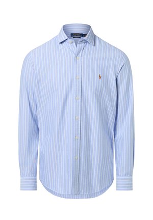 Chemise à boutons rayée bleu clair en coton. Présente un col écarté, des manches longues et un petit logo brodé sur la poitrine.