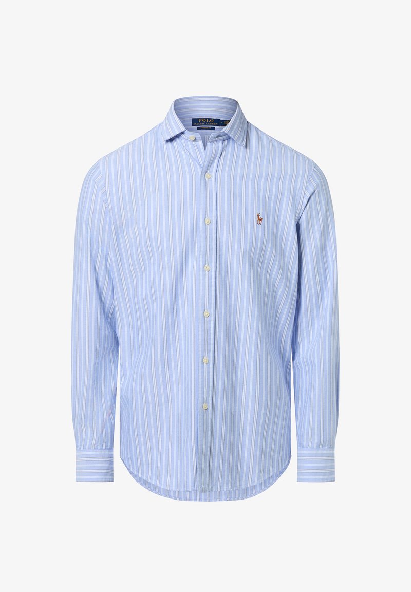 Lichtblauw gestreept button-up shirt van katoen. Heeft een spread collar, lange mouwen en een klein geborduurd logo op de borst.