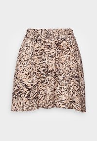 Gonna stampata con uno sfondo beige e motivi astratti neri, cintura elastica e pieghe per un tocco di texture e movimento.