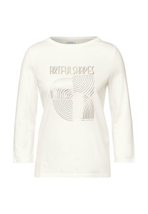 T-shirt à manches longues blanc avec un design abstrait comprenant des lignes concentriques et le texte "ARTFUL SHAPES" dans une police de caractères bien en vue.