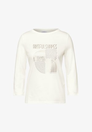 Camiseta blanca de manga larga con un diseño abstracto que presenta líneas concéntricas y el texto "FORMAS ARTÍSTICAS" en una fuente prominente.