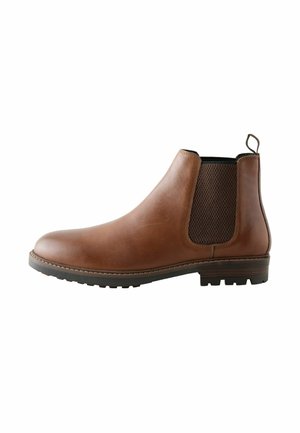 Brown leather Chelsea boot with dark elastic side panel, pull tab at heel, and lugged sole on white background.