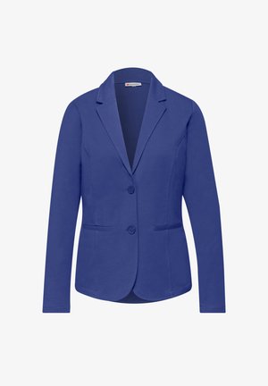 Blue women's blazer with two buttons, notch lapel collar, long sleeves, and two front welt pockets, shown on a white background.