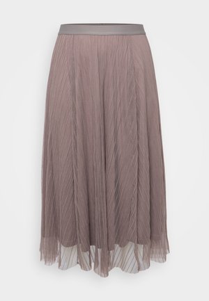 Pleated midi skirt in soft mauve, featuring a smooth satin waistband. Lightweight, flowing material with vertical lines and sheer layers.