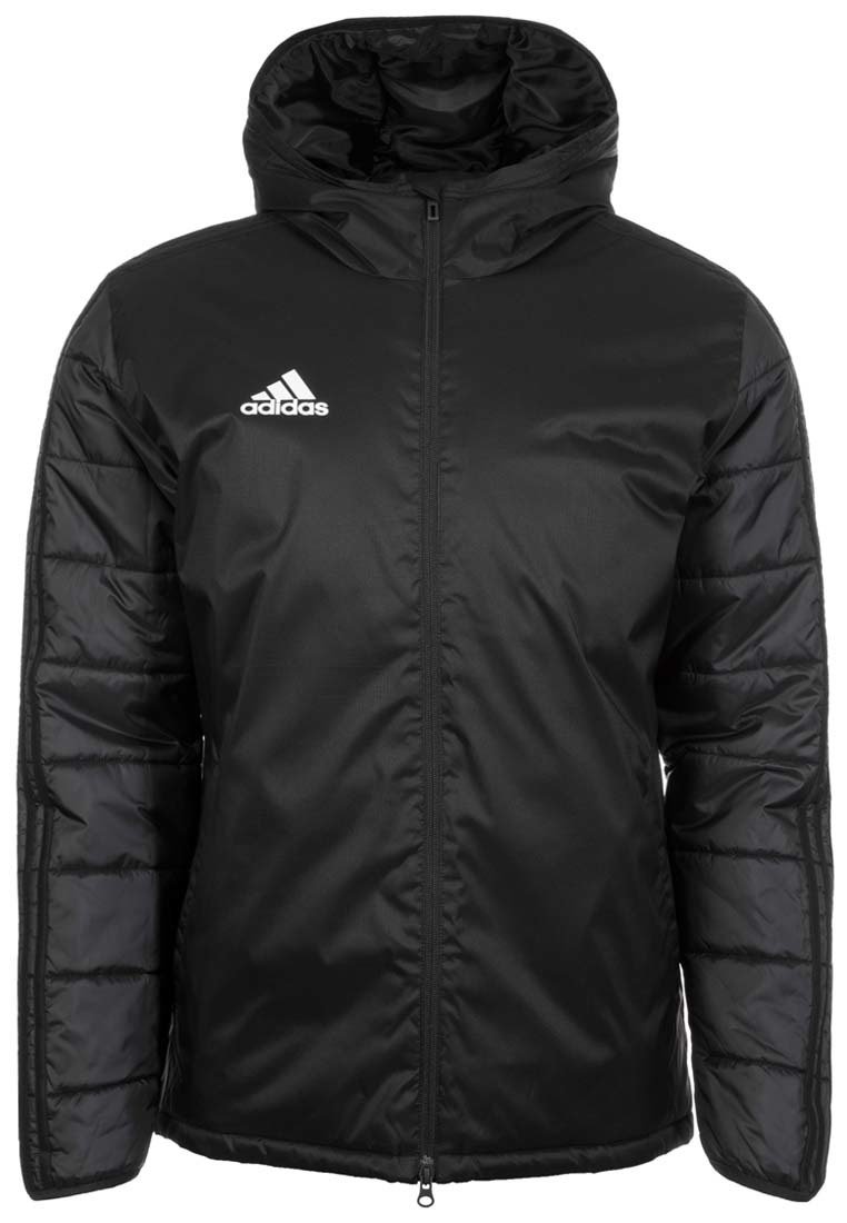 Giacca nera con cappuccio, dotata di zip frontale, maniche trapuntate e logo Adidas bianco sul petto. Realizzata in materiale leggero e resistente all'acqua.