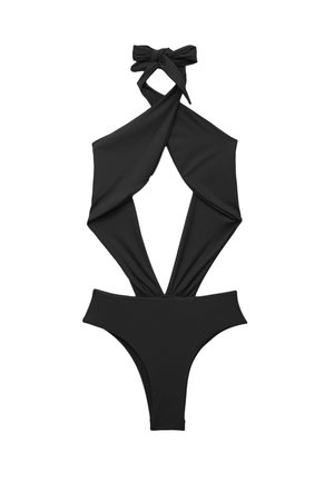 Costume da bagno nero a halter con collo annodato, frontale drappeggiato e aperture pergamene alte. Realizzato in tessuto liscio ed elastico. Senza motivi o hardware.