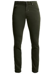 Wąskie, ciemnozielone spodnie z przodu zapinane na guzik i suwak, z przednimi kieszeniami i szlufkami na pasek.