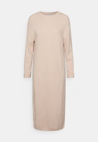 Abito lungo fino al ginocchio, con maniche lunghe, in morbido tessuto a maglia beige chiaro. Presenta un collo rotondo e polsini a costine per una vestibilità rilassata.