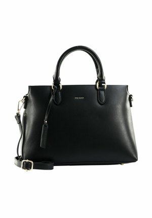 Sac à main en cuir noir avec deux poignées, bandoulière amovible, quincaillerie dorée et logo "Picard" à l'avant.