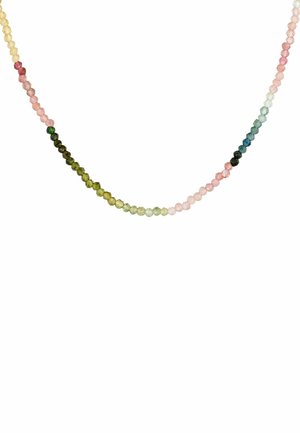 Collar de piedras preciosas multicolores con cuentas redondas facetadas en tonos de rosa, verde, amarillo y azul, ensartadas en un patrón de degradado.