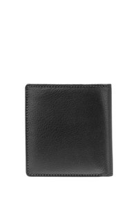 Schwarze Lederbörse mit strukturiertem Oberflächenmaterial, rechteckiger Form und sichtbaren Nähten entlang der Kanten. Kompakte und minimalistische Gestaltung.