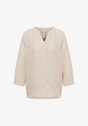 Beige langærmet hørskjorte med krøllfri halsudskæring, knaplukning foran og afslappet pasform.