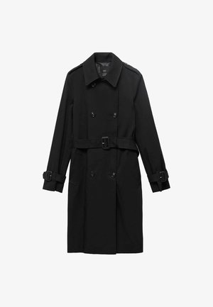 Trench coat negro de doble breasted con cinturón, que cuenta con hombreras, puños abotonados y dos bolsillos delanteros. Textura de tela suave.