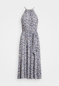 Bloemen midi-jurk in marineblauw, met een halternek, ingezette taille en een vloeiende rok met een zijstrik. Gemaakt van lichtgewicht stof.