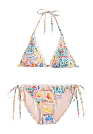 Kahetükiline bikiinid, millel on kaelaümber seotav top ja külgedel seotavad püksikud, millel on värvikas puuviljade ja lilledega plaatide muster ning valged lainelised servad.