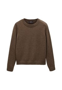 Brązowy sweter dzianinowy z okrągłym dekoltem, długimi rękawami, ściągaczami przy mankietach i u dołu. Tekstura wydaje się miękka i tkana. Brak wzorów lub ozdób.