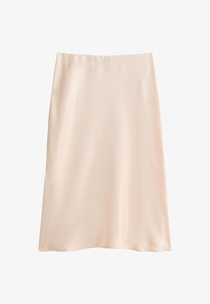 Falda midi de satén beige con una textura suave y un corte recto, que presenta una cinturilla simple y sin cierres o patrones visibles.
