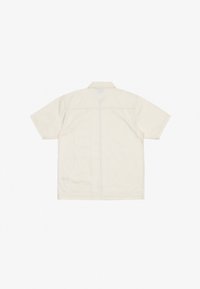 Short-sleeve, collared shirt in light beige, featuring a smooth fabric, straight cut, and minimal stitching details on the back.