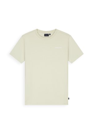 Lichtbeige T-shirt met korte mouwen en ronde hals, met klein wit logo op de linkerborst en een zwart merketiket aan de onderzoom.