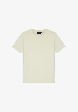 Lichtbeige T-shirt met korte mouwen en ronde hals, met klein wit logo op de linkerborst en een zwart merketiket aan de onderzoom.