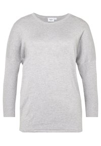 Jasnoszara sweter z miękkiej dzianiny, z okrągłym dekoltem i długimi rękawami z prążkowanymi mankietami. Czysty, prosty design bez wzorów.