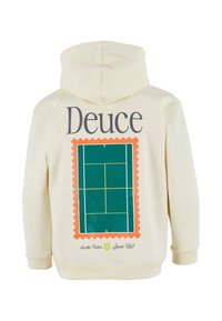 Krémová mikina s kapucňou s grafikou tenisového ihriska orámovaného dizajnom poštovej známky. Nápis "Deuce" hore a "Archer Cotton Sports Club" dole.