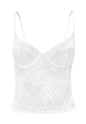 Weißes Spitzen-Camisole mit dünnen verstellbaren Trägern, das ein wellenförmiges Muster, ein strukturiertes Netzgewebe und ein tailliertes Design aufweist.