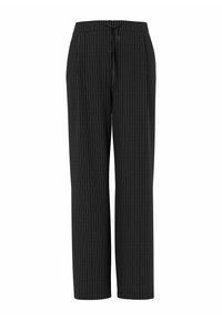 Pantalon noir avec coupe droite, motif à fines rayures, taille élastique avec cordon de serrage et texture de tissu douce.