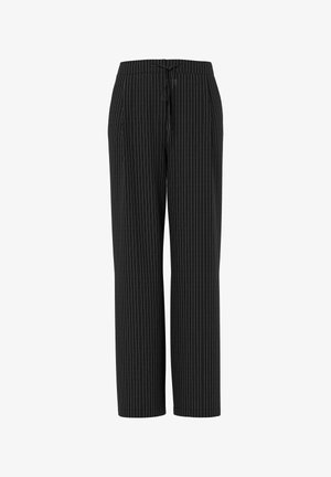 Pantalon noir avec coupe droite, motif à fines rayures, taille élastique avec cordon de serrage et texture de tissu douce.