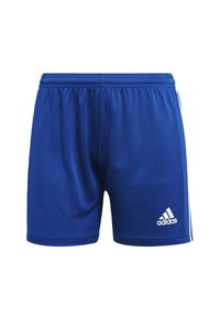 Plave sportske kratke hlače s glatkom teksturom, elastičnom trakom oko struka i bijelim trostrukim trakama sa strane. Imaju Adidas logotip.