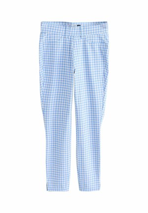 Light blue and white gingham checkered leggings with belt loops and front pockets, ankle-length with small side slits.