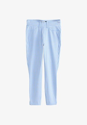 Helesinised ja valged ruudulise mustriga sukkpüksid, millel on vööaasad ja esitaskud, pahkluu pikkusega väikeste küljetõmblustega.