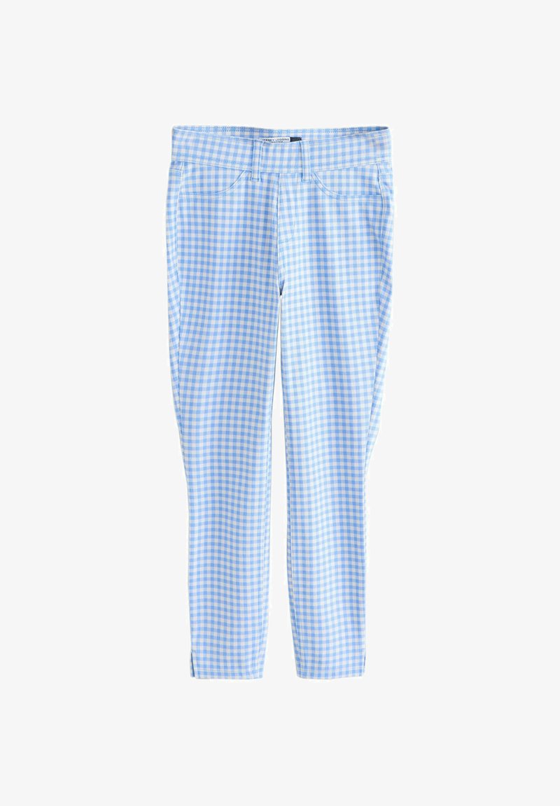 Leggings à carreaux vichy bleu clair et blanc avec passants de ceinture et poches avant, longueur à la cheville avec petites fentes latérales.
