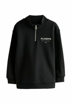 Svart sweatshirt med hög krage, halv dragkedja och ribbad mudd. Har vit text "ALLSAINTS" och "LONDON" fram. Mjuk tyg.