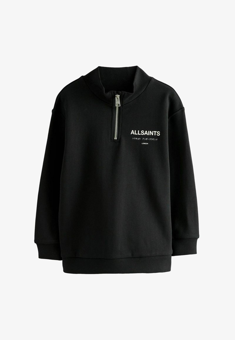Felpa nera con collo alto, mezza zip e polsini a coste. Presenta il testo bianco "ALLSAINTS" e "LONDON" nella parte anteriore. Tessuto morbido.