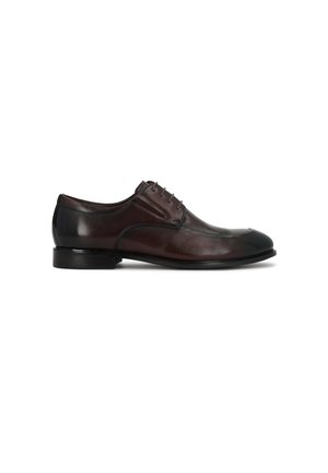 Dark brown leather men's dress shoe with laces, low heel, and smooth polished finish shown in profile on white background.
