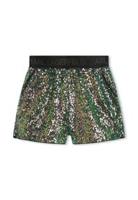 Shorts verde con paillettes e una cintura elastica nera con il logo "KARL LAGERFELD", che presenta una finitura lucida e testurizzata.