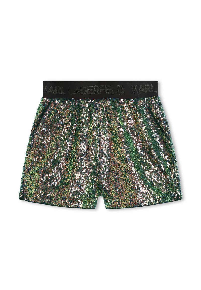 Shorts verde con paillettes e una cintura elastica nera con il logo "KARL LAGERFELD", che presenta una finitura lucida e testurizzata.