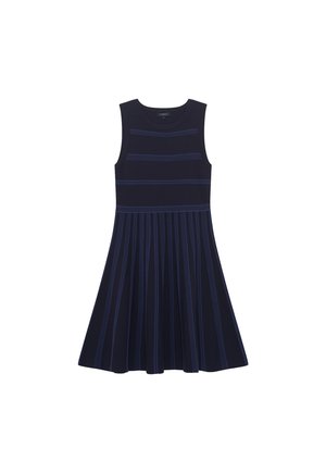 Marineblaues Kleid mit tailliertem Oberteil und ausgestelltem, gefälteltem Rock. Verfügt über horizontale blaue Streifen und einen runden Ausschnitt. Ärmelloses Design.