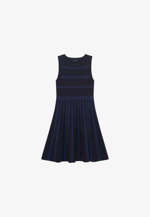 Marineblaues Kleid mit tailliertem Oberteil und ausgestelltem, gefälteltem Rock. Verfügt über horizontale blaue Streifen und einen runden Ausschnitt. Ärmelloses Design.