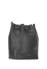 Borsa a secchiello in pelle nera con finitura texturizzata, chiusura a coulisse e dettagli in metallo dorato. Forma compatta e cilindrica.