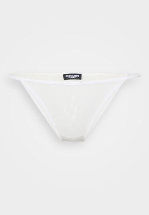 Weiße, gerippte Unterwäsche im Bikini-Stil mit dünnen Gummibändern und einem schwarzen DSQUARED2 Underwear-Label, das mittig am Bund platziert ist.